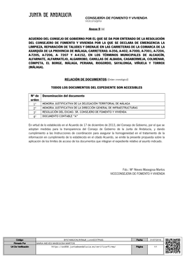 Anexo II (A) ACUERDO DEL CONSEJO DE GOBIERNO POR EL QUE SE DA POR ENTERADO DE LA RESOLUCIÓN DEL CONSEJERO DE FOMENTO Y VIVIENDA