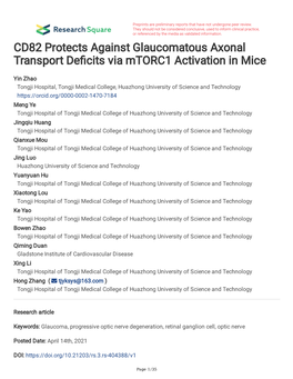 CD82 Protects Against Glaucomatous Axonal Transport De Cits Via Mtorc1 Activation in Mice