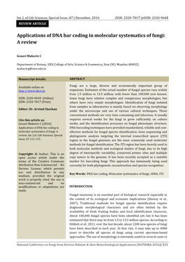 Applications of DNA Bar Coding in Molecular Systematics of Fungi: a Review