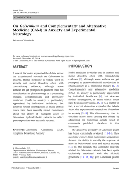 On Gelsemium and Complementary and Alternative Medicine (CAM) in Anxiety and Experimental Neurology