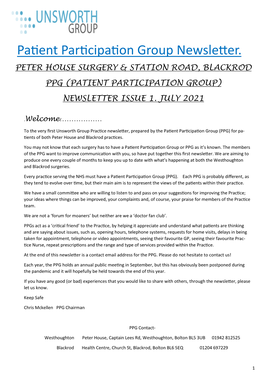 Patient Participation Group Newsletter. PETER HOUSE SURGERY & STATION ROAD, BLACKROD PPG (PATIENT PARTICIPATION GROUP) NEWSLETTER ISSUE 1