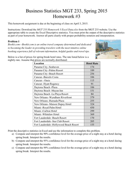 Business Statistics MGT 233, Spring 2015 Homework #3