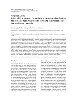 Original Article Internal Fixation with Cancellous Bone Screws Is Effective for Femoral Neck Fractures by Lowering the Incidence of Femoral Head Necrosis