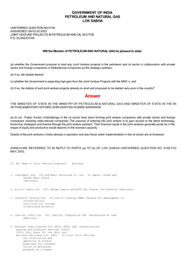 Answered On:02.05.2002 Joint Venture Projects in Petroleum and Oil Sector P.D