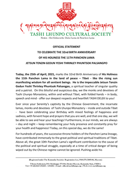 OFFICIAL STATEMENT to CELEBRATE the 32Nd BIRTH ANNIVERSARY of HIS HOLINESS the 11TH PANCHEN LAMA JETSUN TENZIN GEDUN YESHI THRINLEY PHUNTSOK PALSANGPO