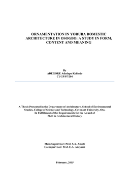 Ornamentation in Yoruba Domestic Architecture in Osogbo: a Study in Form, Content and Meaning