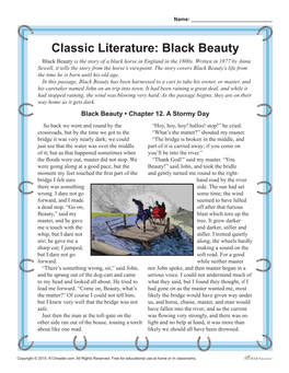 Classic Literature: Black Beauty Black Beauty Is the Story of a Black Horse in England in the 1800S