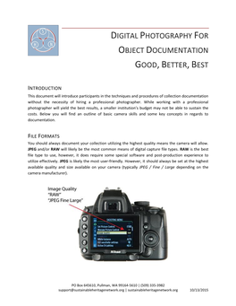 Digital Photography for Object Documentation Good,Better,Best