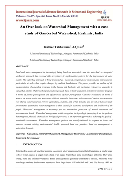 An Over Look on Watershed Management with a Case Study of Ganderbal Watershed, Kashmir, India