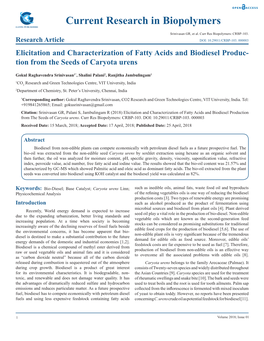 Elicitation and Characterization of Fatty Acids and Biodiesel Produc- Tion from the Seeds of Caryota Urens