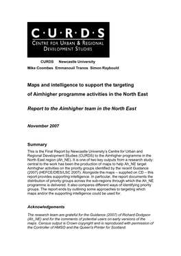 Maps and Intelligence to Support the Targeting of Aimhigher Programme Activities in the North East