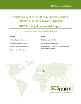 Southern Gulf of California Thread Herring Fishery, Sinaloa & Nayarit, Mexico MSC Fishery Assessment Report Announcement Comment Draft Report