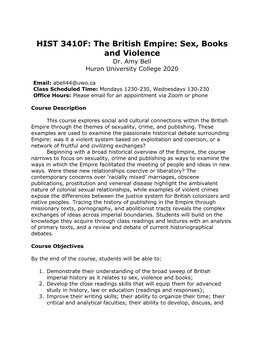 HIST 3410F: the British Empire: Sex, Books and Violence Dr