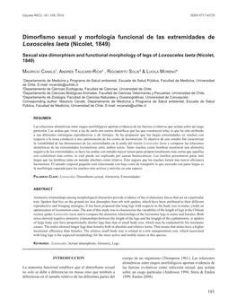 Dimorfismo Sexual Y Morfología Funcional De Las Extremidades De Loxosceles Laeta (Nicolet, 1849)