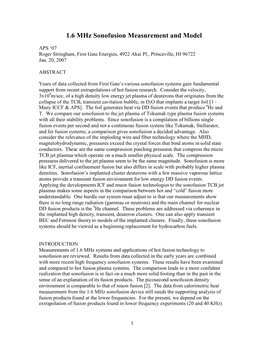 1.6 Mhz Sonofusion Measurement and Model