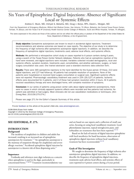 Six Years of Epinephrine Digital Injections: Absence of Signiﬁcant Local Or Systemic Effects Andrew E