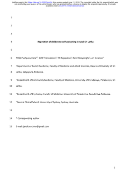 Repetition of Deliberate Self-Poisoning in Rural Sri Lanka