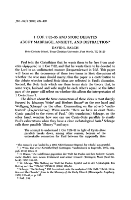 1 Cor 7:32-35 and Stoic Debates About Marriage, Anxiety, and Distraction* David L