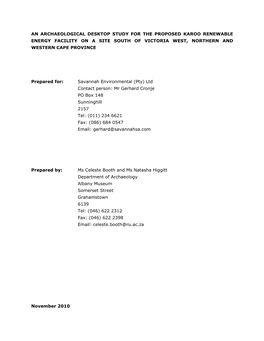 An Archaeological Desktop Study for the Proposed Karoo Renewable Energy Facility on a Site South of Victoria West, Northern and Western Cape Province