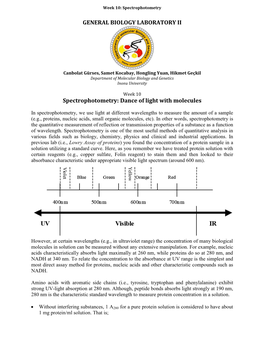 GENERAL BIOLOGY LABORATORY II Spectrophotometry: Dance of Light