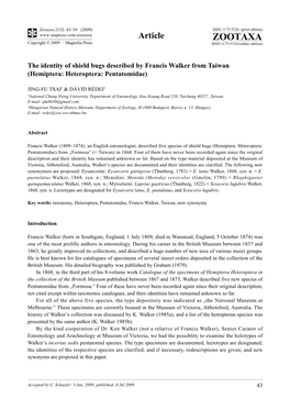 Zootaxa, the Identity of Shield Bugs Described by Francis Walker From