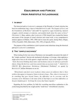 Equilibrium and Forces: from Aristotle to Lagrange