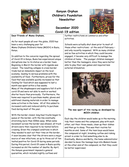 Kenyan Orphan Children Foundation's December, 2020 Newsletter