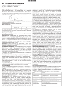 4% Citanest Plain Dental Prilocaine Hydrochloride Injection, USP for Local Anesthesia in Dentistry Rx Only DESCRIPTION and Death