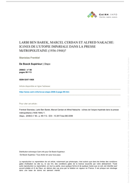 Larbi Ben Barek, Marcel Cerdan Et Alfred Nakache: Icônes De L'utopie Impériale Dans La Presse Métropolitaine (1936-1944)?