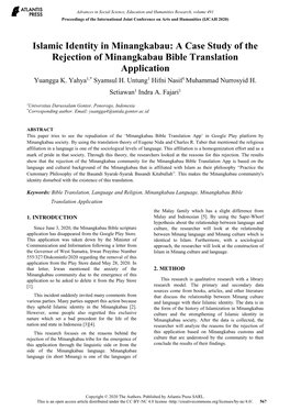 Islamic Identity in Minangkabau: a Case Study of the Rejection of Minangkabau Bible Translation Application Yuangga K