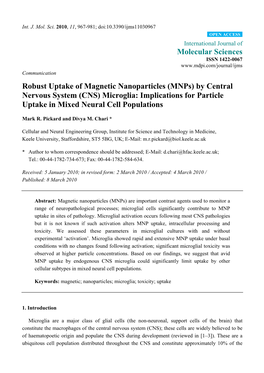 Robust Uptake of Magnetic Nanoparticles (Mnps) by Central Nervous System (CNS) Microglia: Implications for Particle Uptake in Mixed Neural Cell Populations