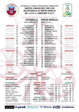 Ore 14.00 As Cittadella Vs Virtus Entella 36ª Giornata | Serie Bkt 2020/21