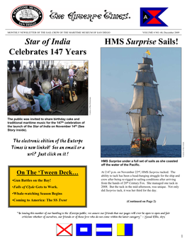 Star of India Celebrates 147 Years HMS Surprise Sails!