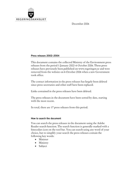 Ministry of the Environment Press Releases from the Period 1 January 2002–6 October 2006