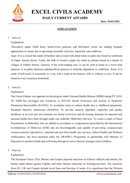 EXCEL CIVILS ACADEMY DAILY CURRENT AFFAIRS Date: 26-03-2021