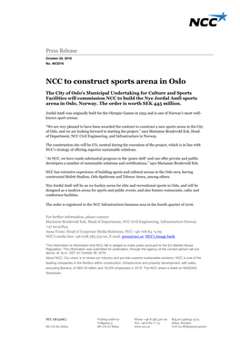 NCC to Construct Sports Arena in Oslo