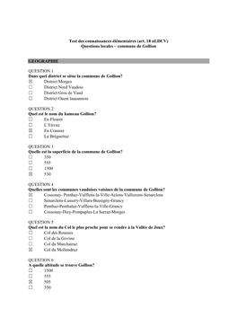 Test Des Connaissances Élémentaires (Art. 18 Nldcv) Questions Locales – Commune De Gollion