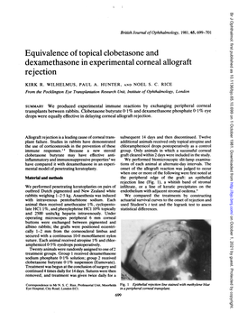 Equivalence of Topical Clobetasone and Dexamethasone in Experimental Corneal Allograft Rejection