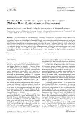 Genetic Structure of the Endangered Species Pinna Nobilis (Mollusca: Bivalvia) Inferred from Mtdna Sequences