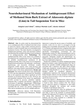 Neurobehavioural Mechanism of Antidepressant Effect of Methanol Stem Bark Extract of Adansonia Digitata (Linn) in Tail Suspension Test in Mice