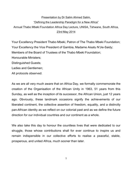 Thabo Mbeki Foundation Africa Day Lecture, UNISA, Tshwane, South Africa, 23Rd May 2014