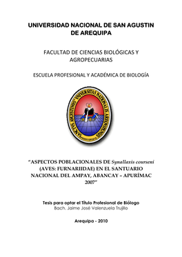 ASPECTOS POBLACIONALES DE Synallaxis Courseni (AVES: FURNARIIDAE) EN EL SANTUARIO NACIONAL DEL AMPAY, ABANCAY – APURÍMAC 2007”