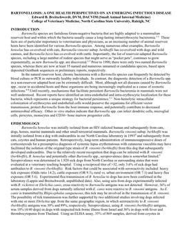 BARTONELLOSIS: a ONE HEALTH PERSPECTIVES on an EMERGING INFECTIOUS DISEASE Edward B