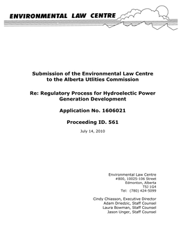 Submission of the Environmental Law Centre to the Alberta Utlities Commission