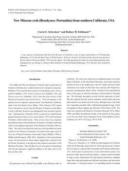 New Miocene Crab (Brachyura: Portunidae) from Southern California, USA