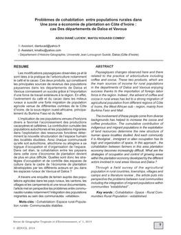 Problèmes De Cohabitation Entre Populations Rurales Dans Une Zone a Économie De Plantation En Côte D’Ivoire : Cas Des Départements De Daloa Et Vavoua