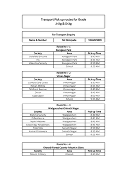 Transport Pick up Routes for Grade Jr.Kg & Sr.Kg