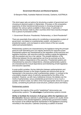 Government Structure and Electoral Systems Dr Benjamin Reilly, Australian National University, Canberra, AUSTRALIA This Short Pa