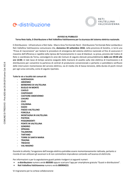 AVVISO AL PUBBLICO Terna Rete Italia, E‐Distribuzione E Reti Valtellina Valchiavenna Per La Sicurezza Del Sistema Elettrico Nazionale