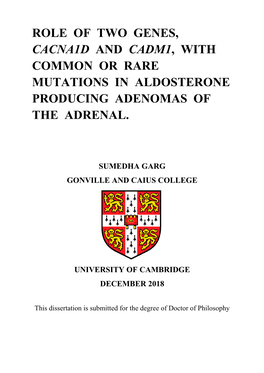 Role of Two Genes, Cacna1d and Cadm1, with Common Or Rare Mutations in Aldosterone Producing Adenomas of the Adrenal